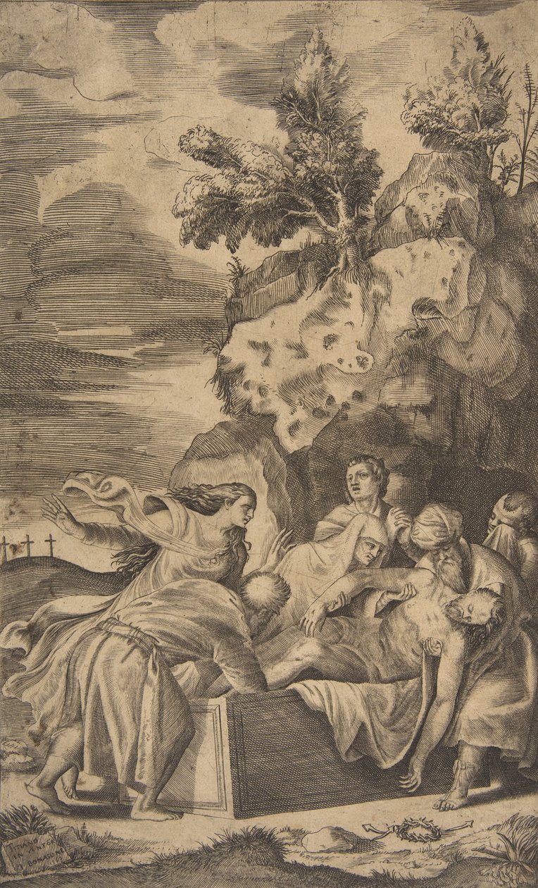 The entombment of Christ, the crosses on Calvary visible in left background by Giulio Bonasone