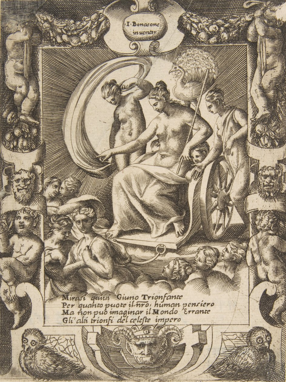 The triumph of Juno who is sat in a carriage, set within an elaborate frame, 1531-76 by Giulio Bonasone