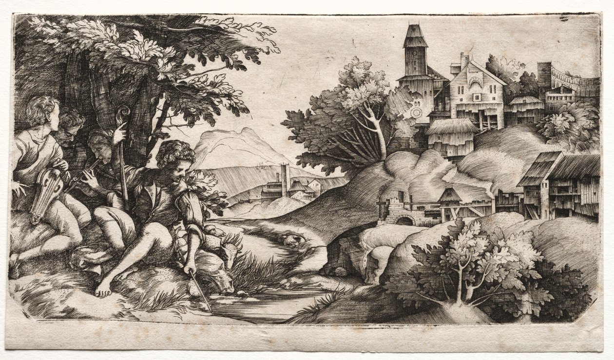 Shepherds in a Landscape by Giulio Campagnola