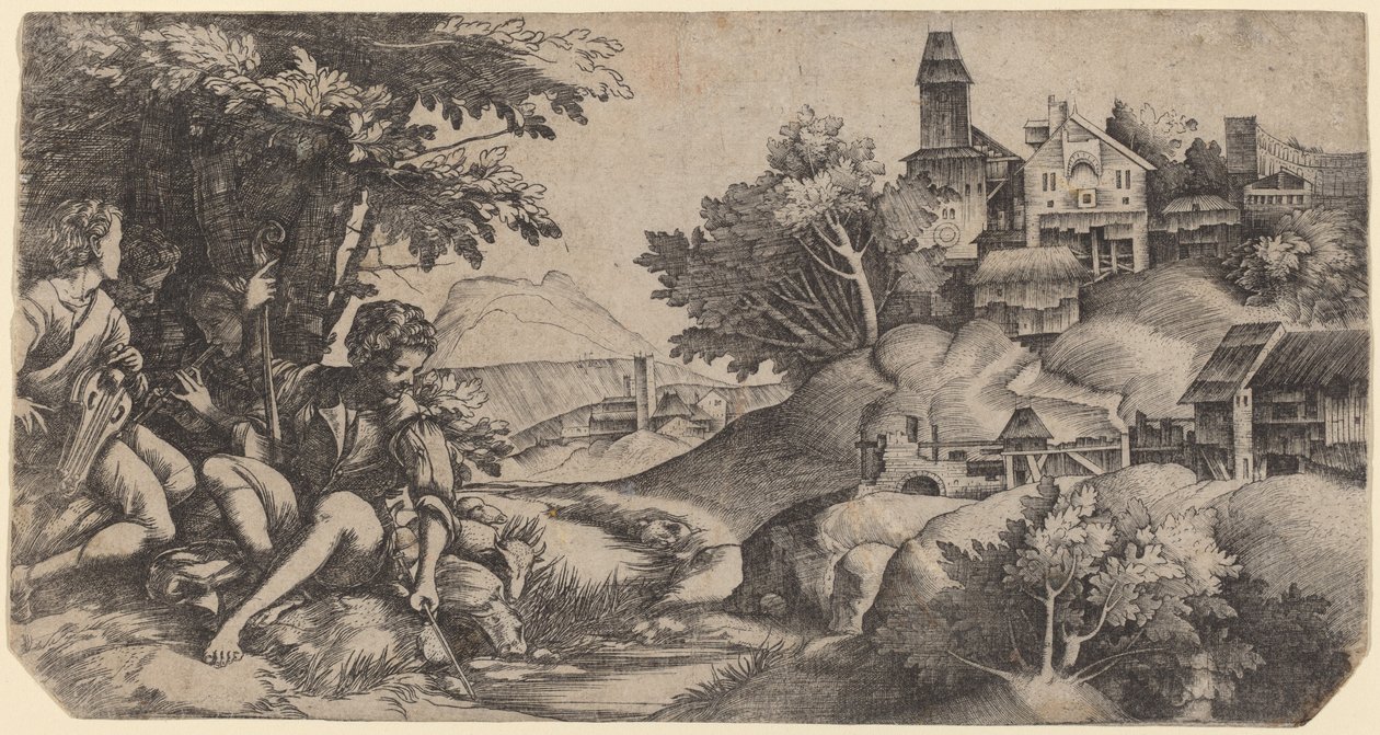 Shepherds in a Landscape by Giulio Campagnola and Domenico Campagnola