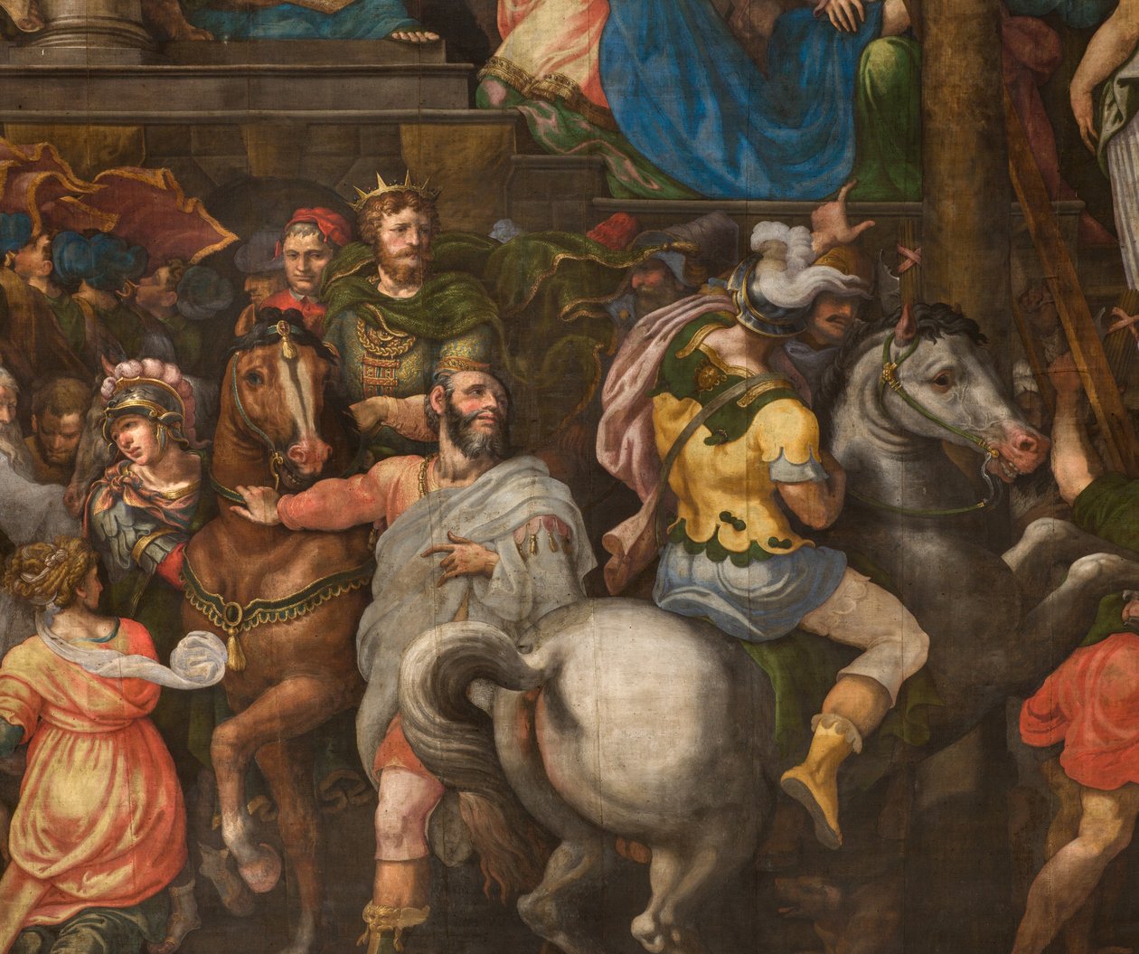 Wall opposite the counterfacade of the south transept, Giuseppe Campi, Triumph of Mordecai 1567 (detail lower part) by Giulio Campi