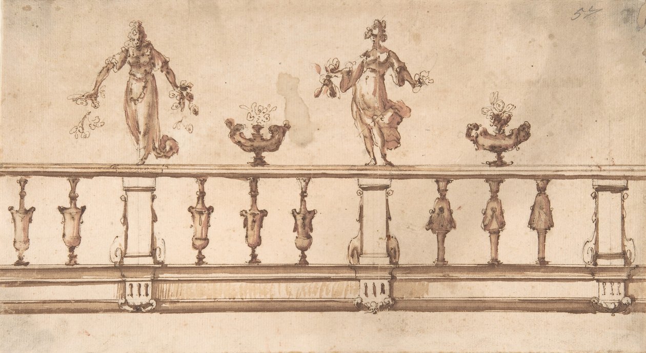 Design for a Balustrade with Female Figures and Urns, 16th-17th century by Giulio Parigi