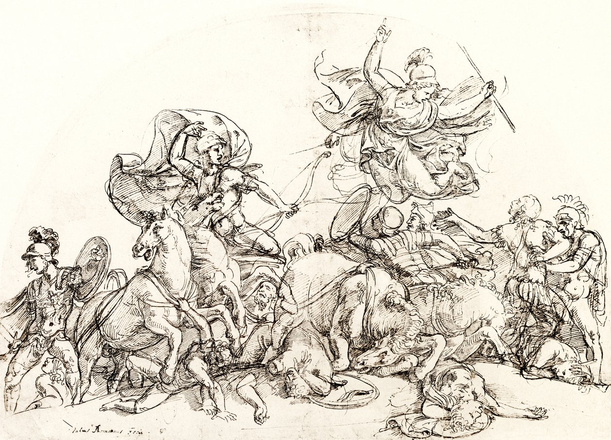 Diomedes, Wounded by Pandarus, is Comforted by Pallas Athene by Giulio Romano