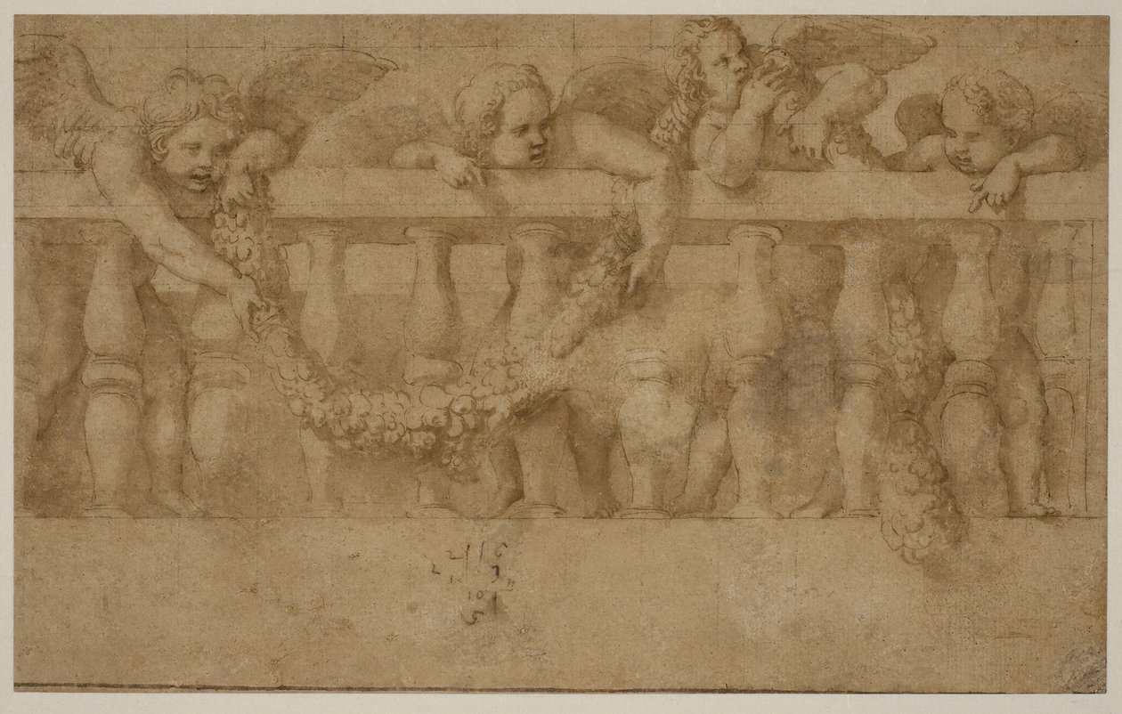Four Winged Putti Decorating a Balustrade with Garlands by Giulio Romano