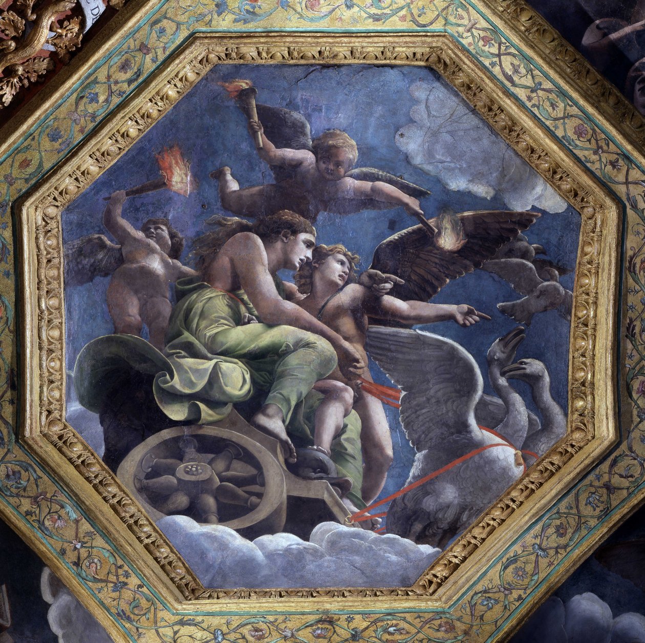 Furious Venus appoints Psyche to Cupid to punish her. Fresco by Giulio Pippi de