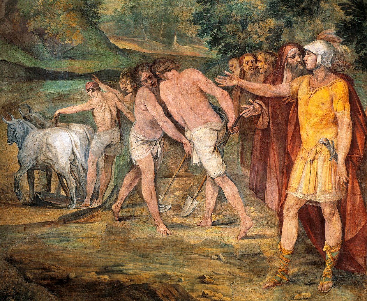 Romulus marking limits of Rome, by Giuseppe Cesari, fresco, Hall of Horatii and Curiatii, Conservatories Palace, Rome, Roman Kingdom, Italy by Giuseppe Cesari