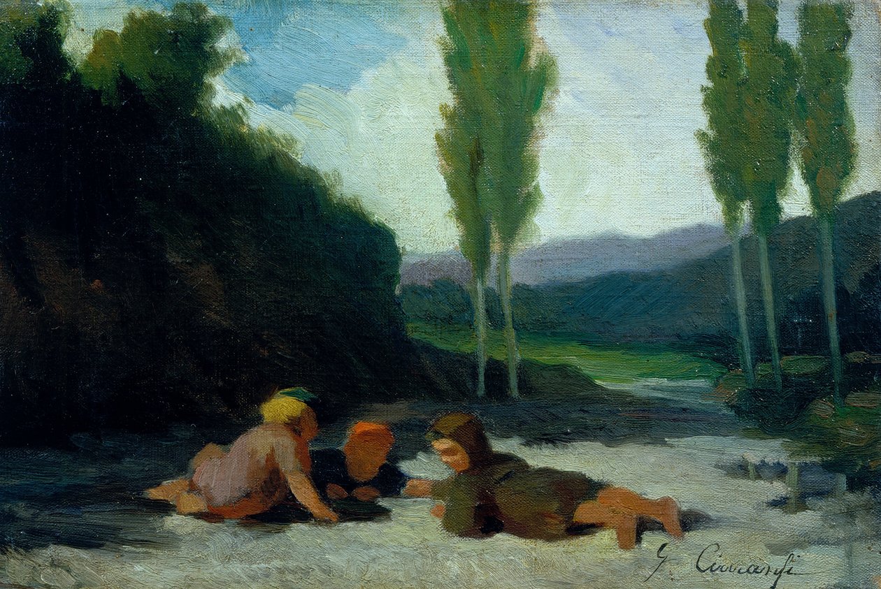 Children playing on a riverbank by Giuseppe Ciaranfi