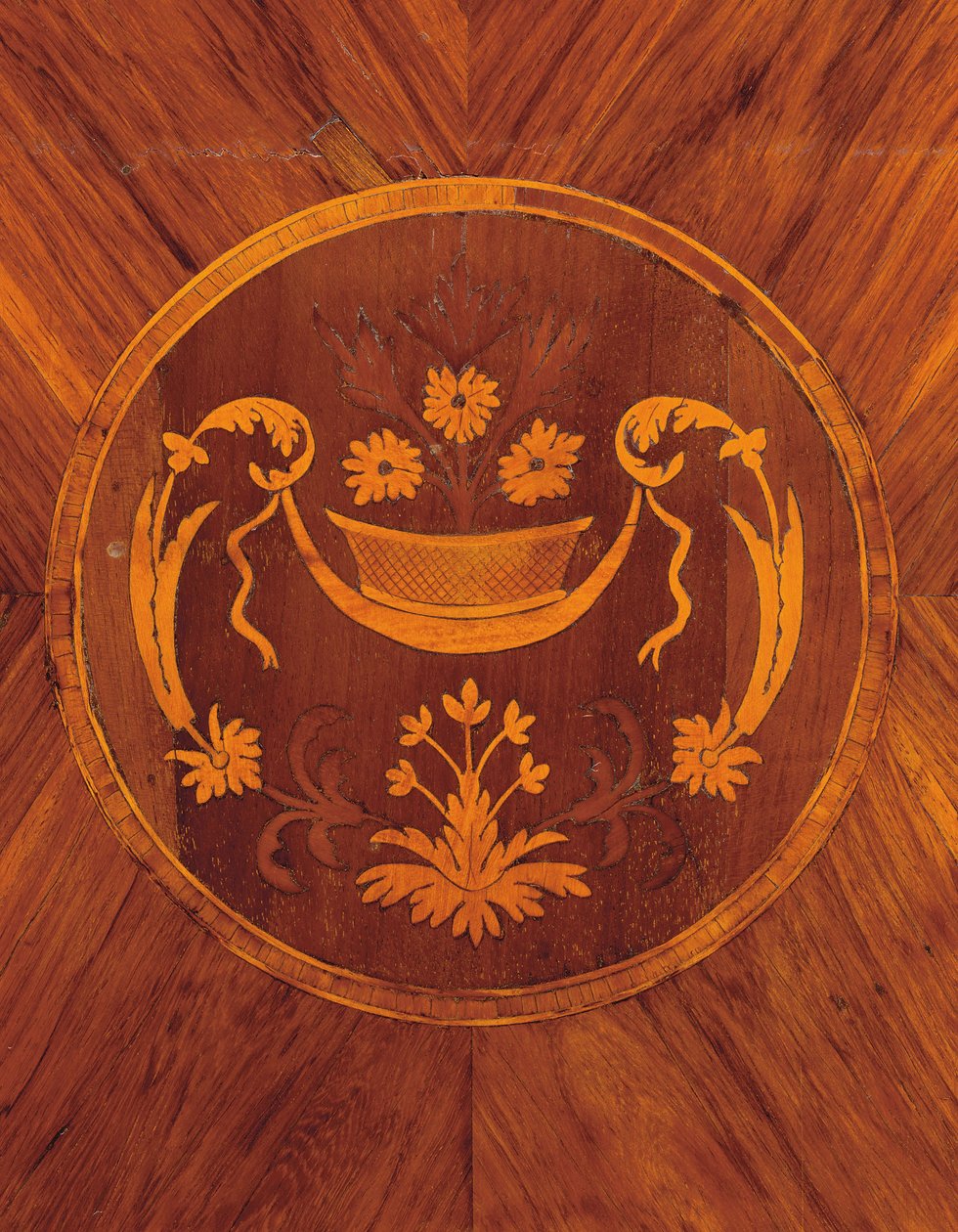 Detail from the side of a north Italian tulipwood, rosewood, fruitwood ...