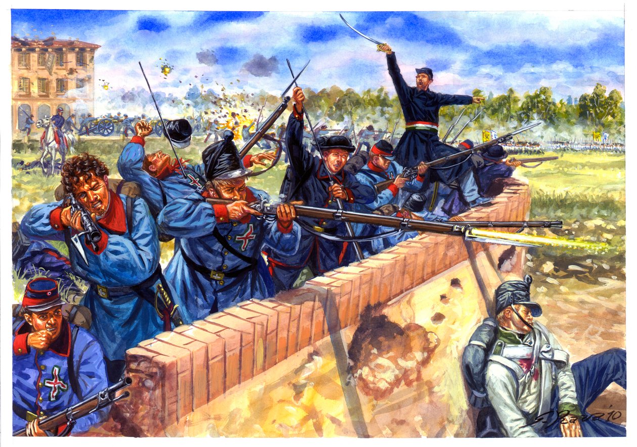 Risorgimento, First Italian War of Independence, Italian students during the battle of Curtatone and Montanara on 29 May 1848 - Illustration by Giuseppe Rava by Giuseppe Rava