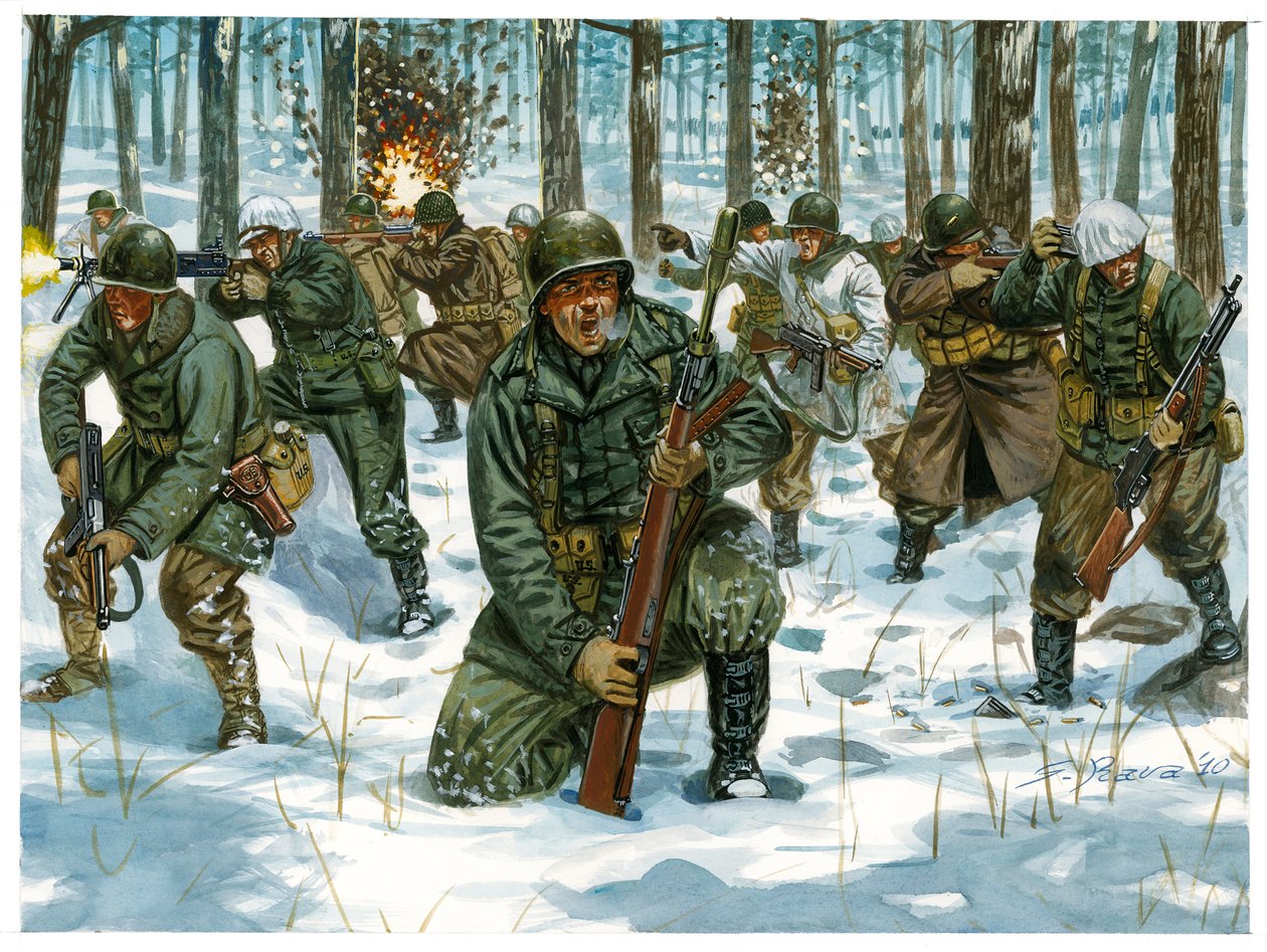 Second World War: American Infantry Offensive at the Battle of the Ardennes in Bastogne, December 1944 by Giuseppe Rava