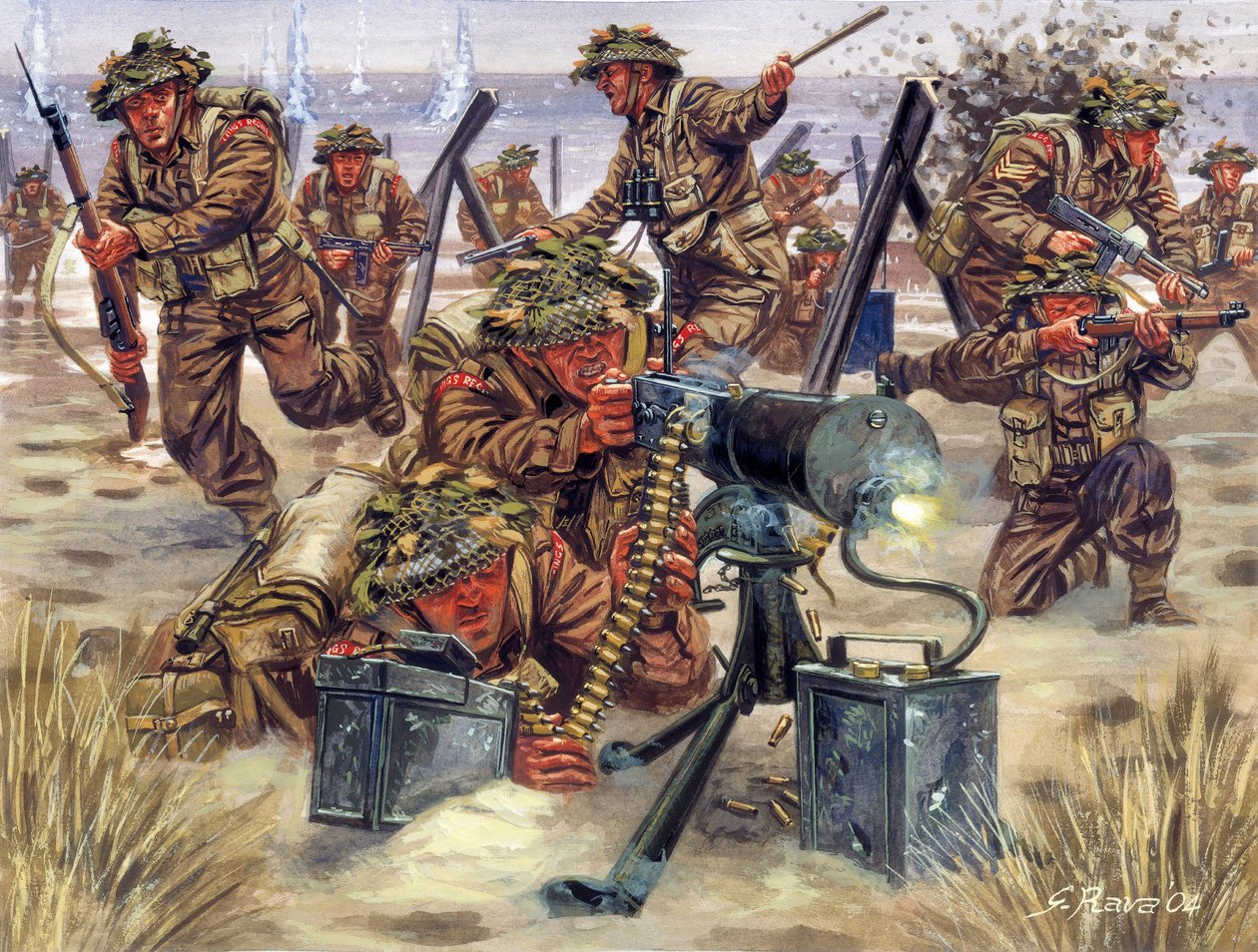 Second World War: Debarking in Normandy in June 1944, English soldiers (Illustration) by Giuseppe Rava