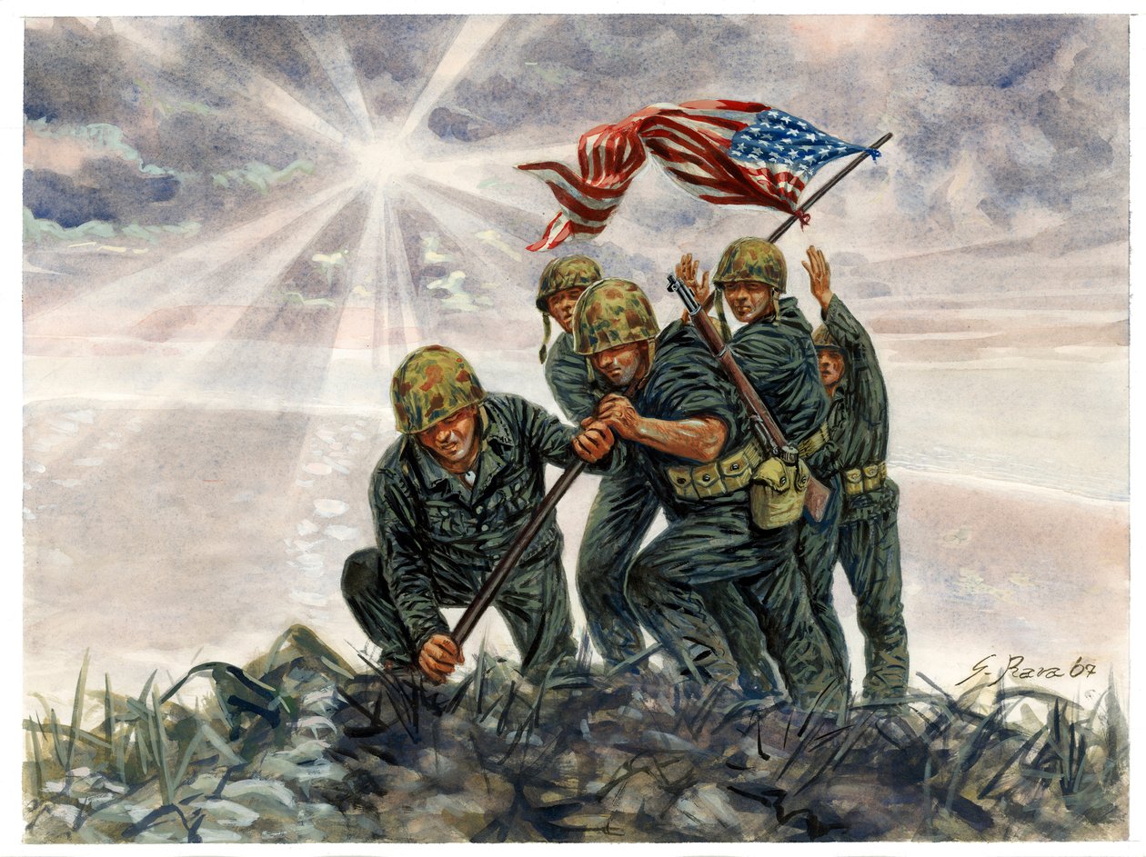 Second World War, Pacific War: Battle of Iwo Jima, US Marines victory in February 1945 (Illustration) by Giuseppe Rava