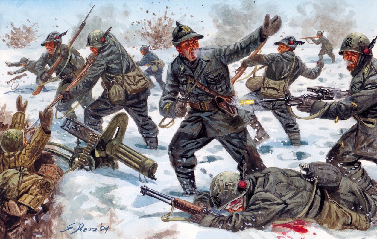 Second World War, Russian Front: Italian Alpine Hunters in Russia - Illustration by Giuseppe Rava by Giuseppe Rava
