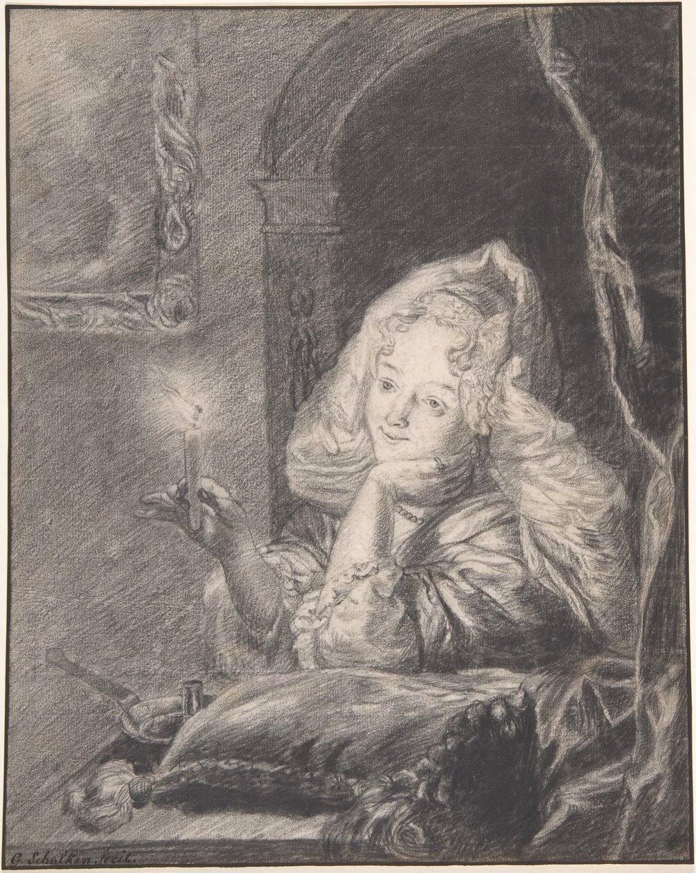 Young Woman Seated at a Table, Holding a Candle by Godfried Schalcken