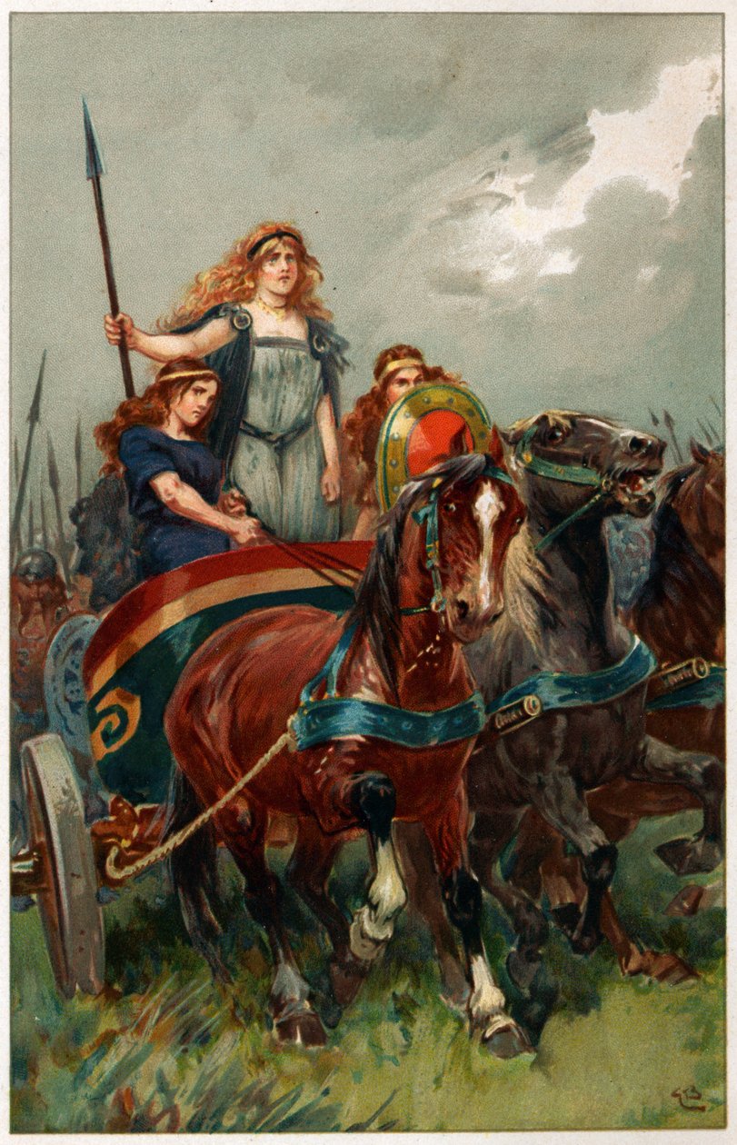 Spear in hand, Boadicea led them to attack, illustration from 