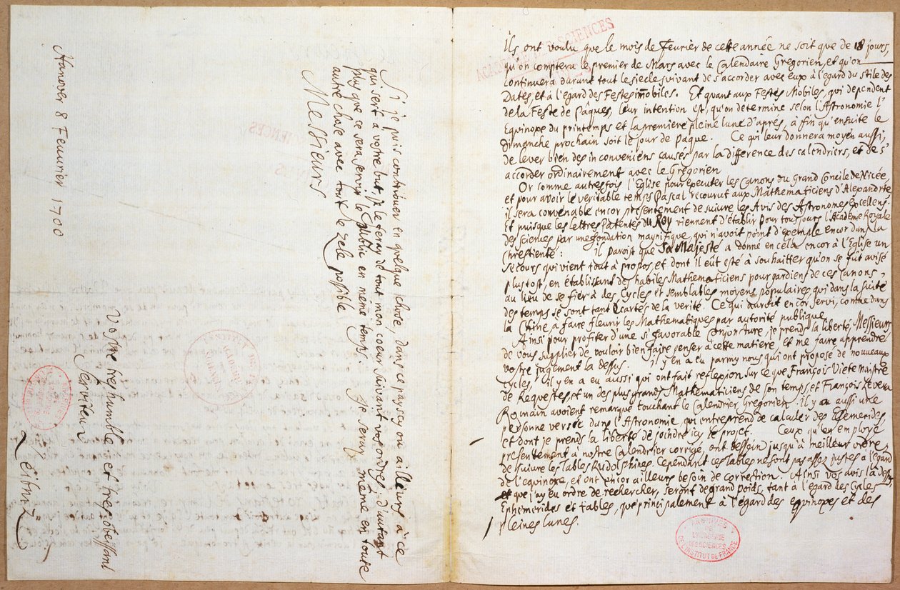 The last pages of a letter written by Leibniz on his admission to the 