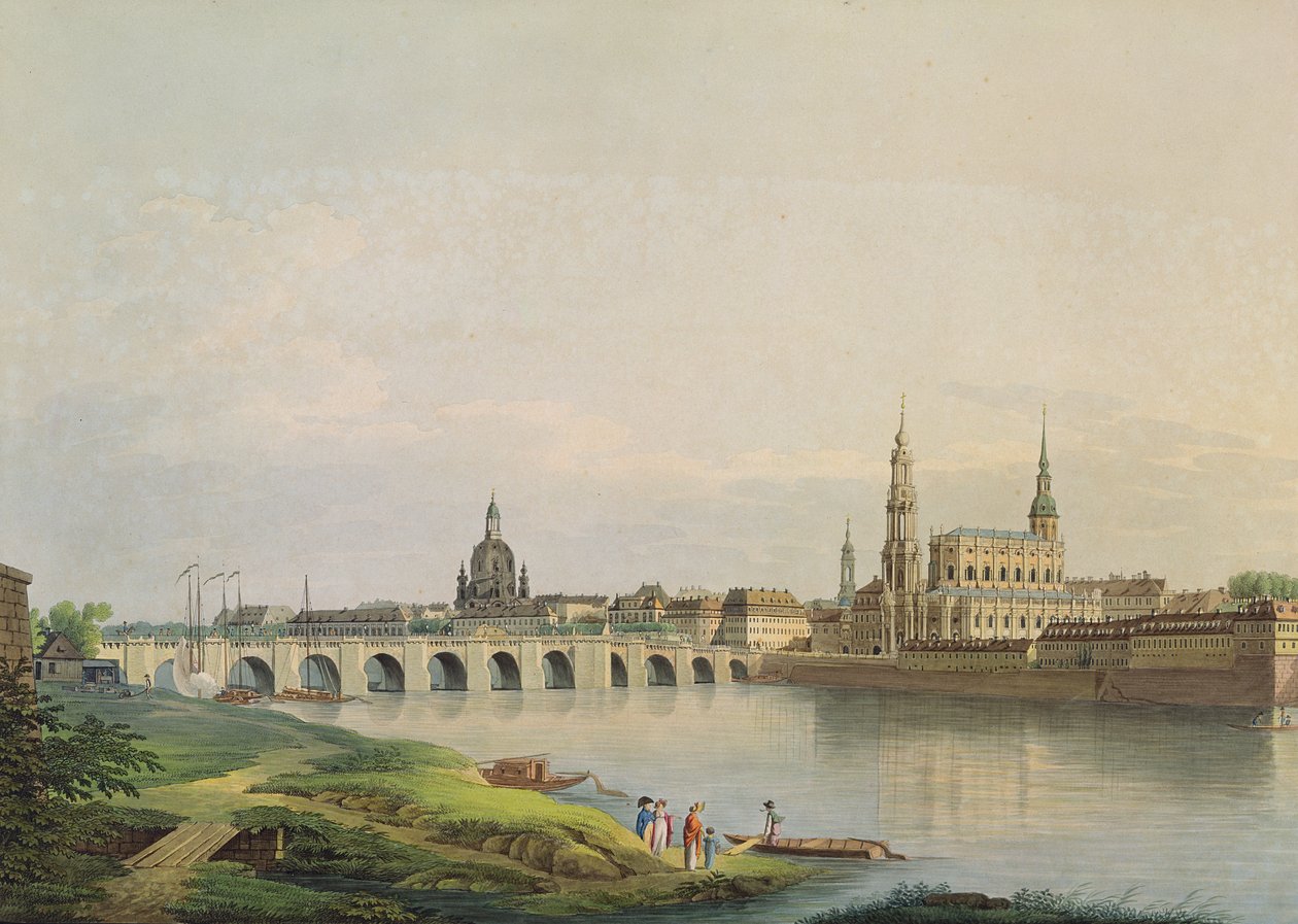 View of Dresden from the western part of the new town (with the Frauenkirche, protestant church, Augustus Bridge and the cathedral) engraved by Christian Gottlob Hammer by Gottlob Thormeyer or Thormeier