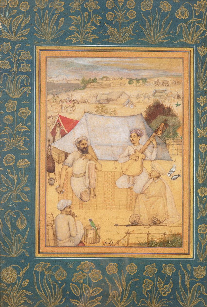 Musicians and Singers Kneel at the Outskirts of a Mughal Camp. A Yogi and a Servant Listen to Them, from the Minto Album, c.1630 by Govardhan