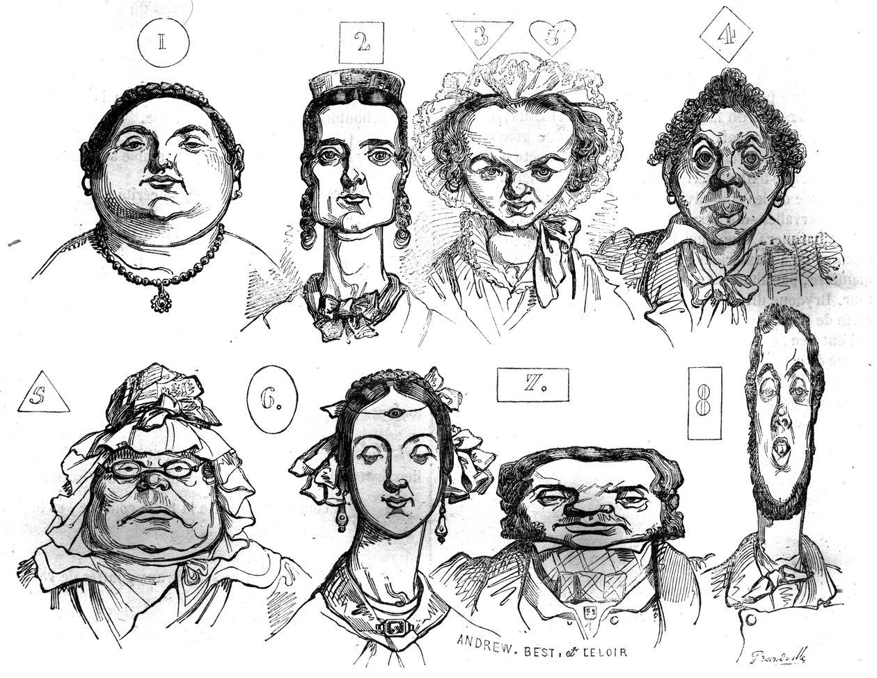 Cartoons illustrating the different forms of face, expressions, associating them with distinct moral characteristics by Jean Ignace Isidore Gerard Grandville. In The picturesque store 1835 by Grandville