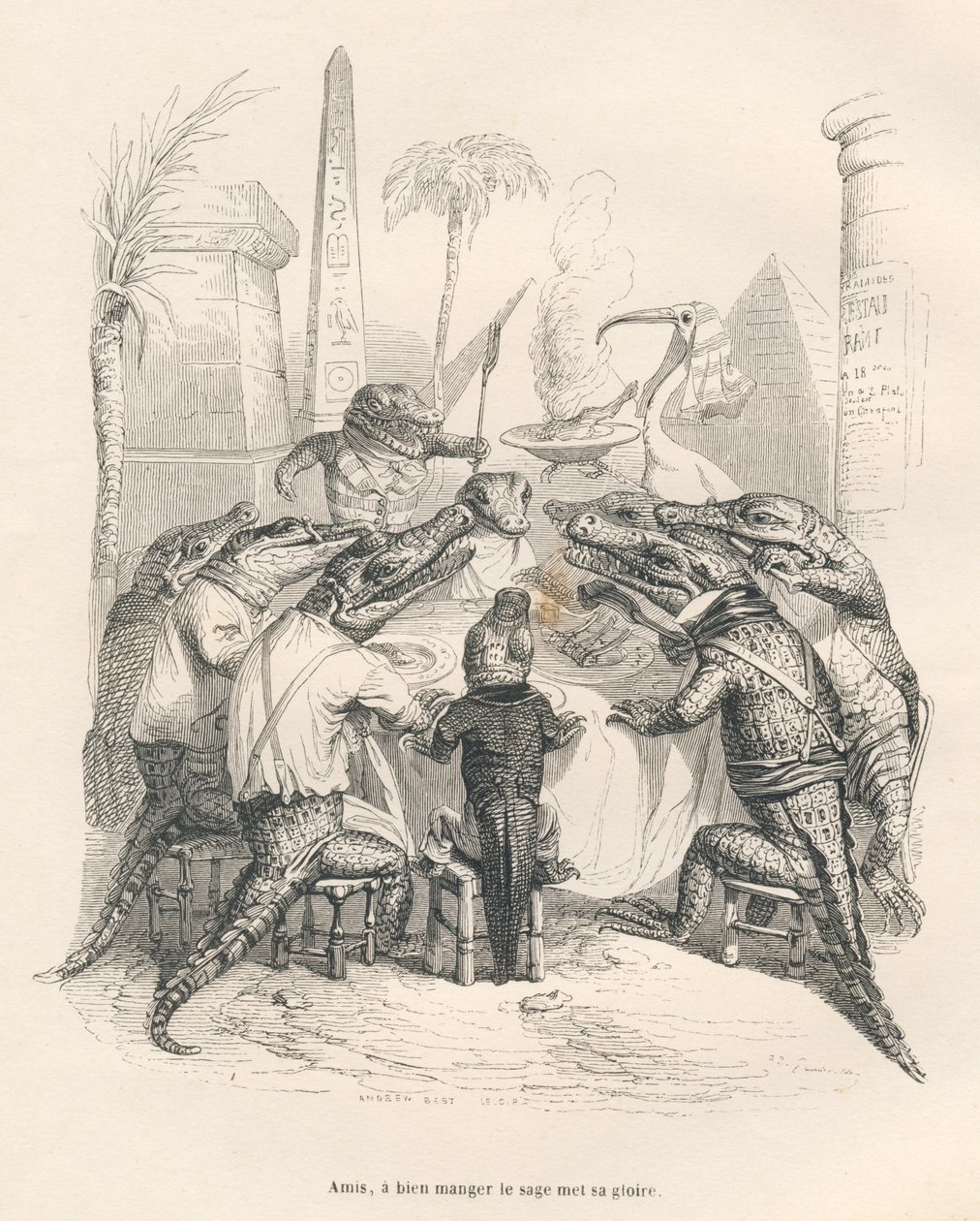 Crocodiles Around a Table in Egypt. Illustrated vignettes by JJ Granville. Engraving signed Andrew, Best and Leloir in the section titled 