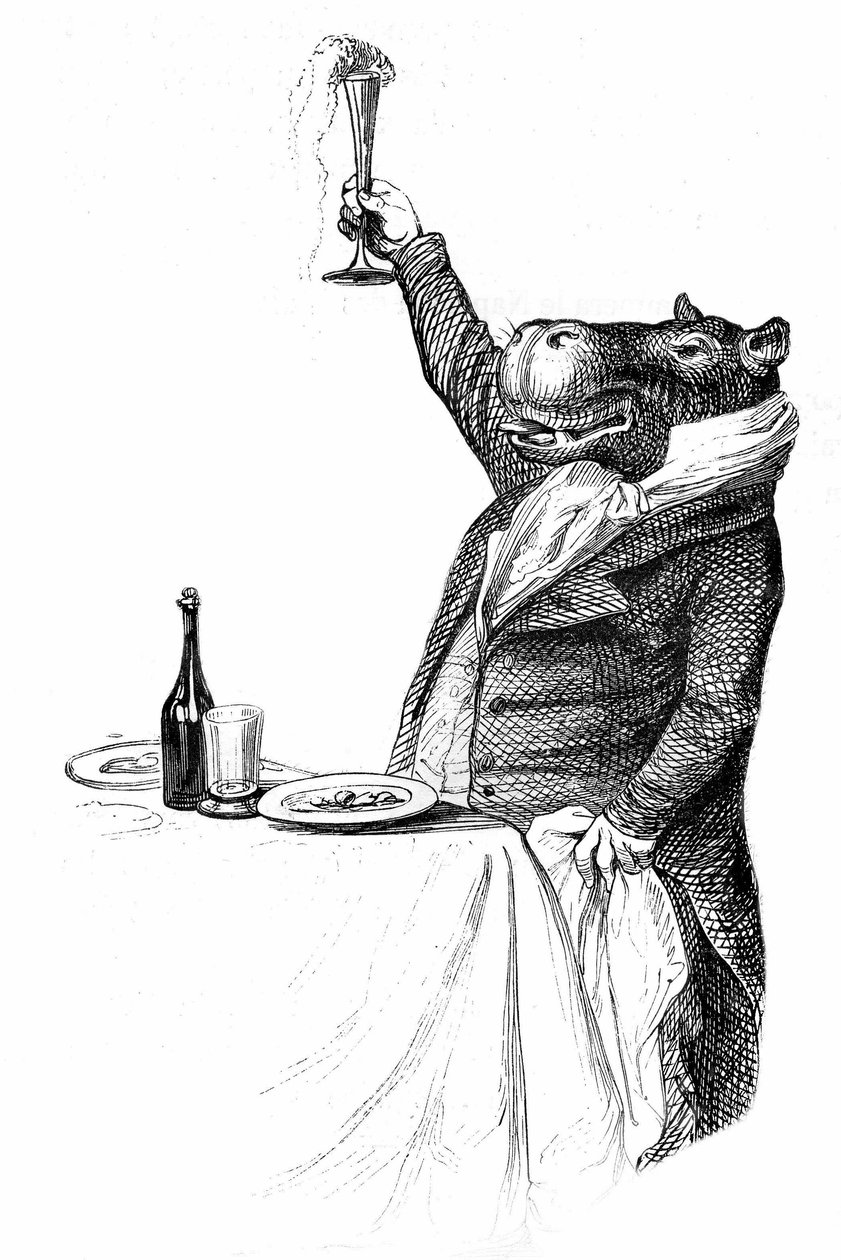 (Detail) Extracted from the Book Private and Public Life of Animals, Edition Hetzel 1867 - Hippopotamus Worldly at a Table Raising His Glass and Carrying a Toast by Grandville (1803 47)