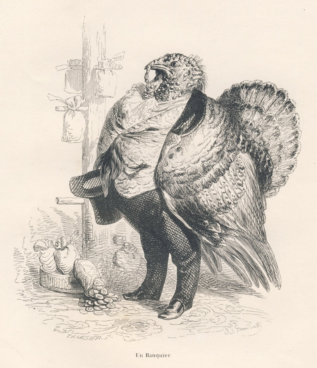 Turkey as a banker. Illustrated vignettes by JJ Granville. Engraving signed Tamisier in the section titled "Memories of an Old Crow" written by PJ Stahl in "Scenes from the Private and Public Life of Animals". Paris, J. Hetzel and Paulin by Grandville