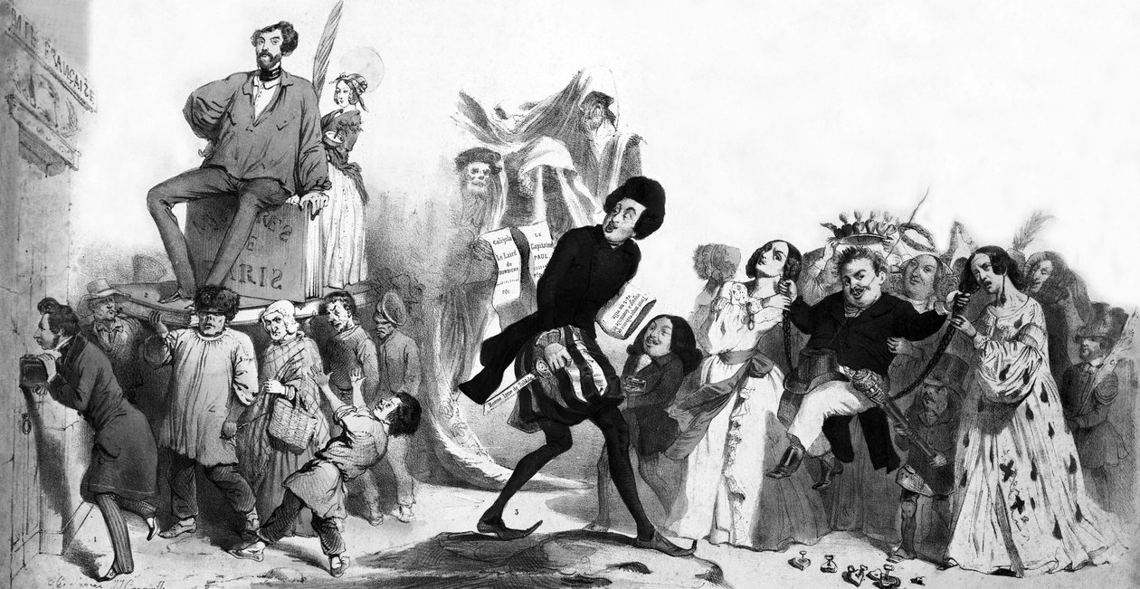 French romantic writers (Alfred de Vigny, Victor Hugo, Alexandre Dumas the Father, Honore de Balzac) wanting to enter French Academy but doors are closed, engraving by Grandville (1803 47)
