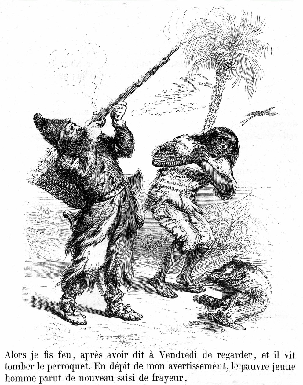 Illustration of the novel Robinson Crusoe by Daniel Defoe by Grandville - edition Garnier 1869. Robinson shoots with a rifle in front of frightened Friday by Grandville (1803 47)