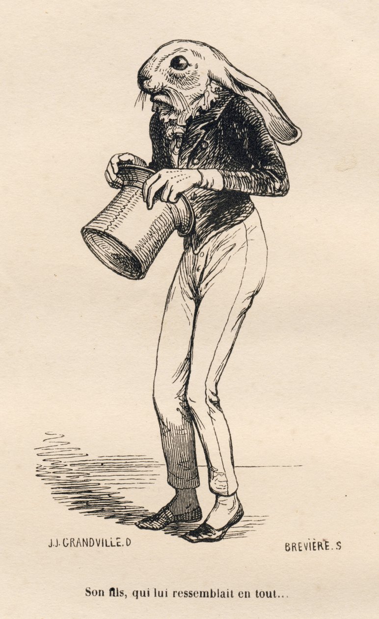 Fearful hare in dandy costume. Illustrated vignettes by JJ Granville. Engraving signed Breviere in the section "History of a Hare" written by PJ Stahl in "Scenes from the Private and Public Life of Animals". Paris, J. Hetzel and Paulin by Grandville