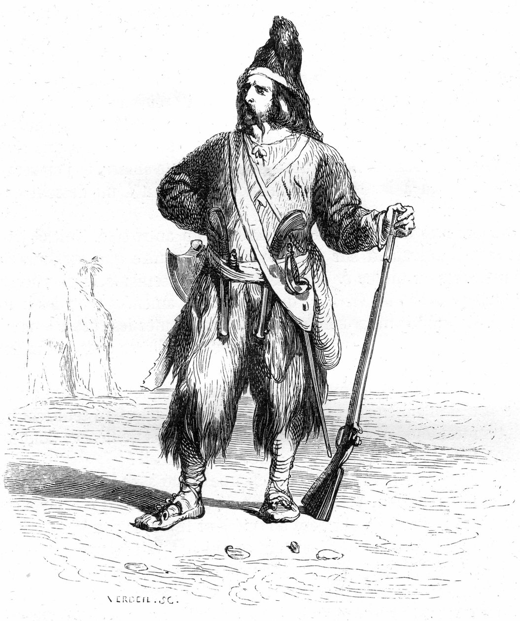 Portrait of Robinson Crusoe on his deserted island with his rifle and his assorted weapons at the belt - Grandville illustration of Daniel Defoe