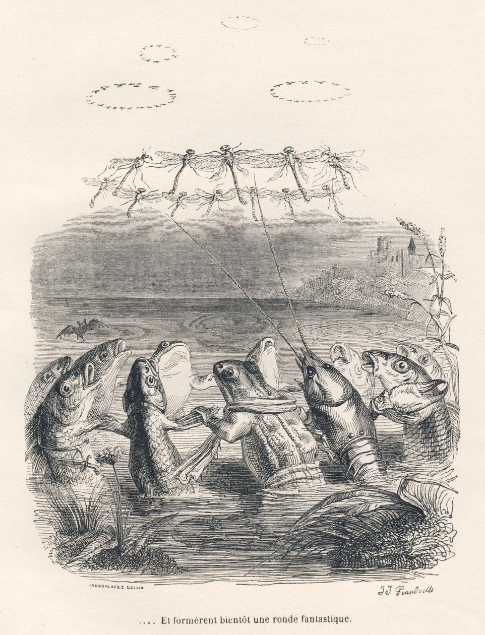 Round Dance of Water Animals and Dragonflies. Illustrated Vignettes by JJ Granville. Engraving Signed Andrew, Best and Leloir in the Section Entitled 