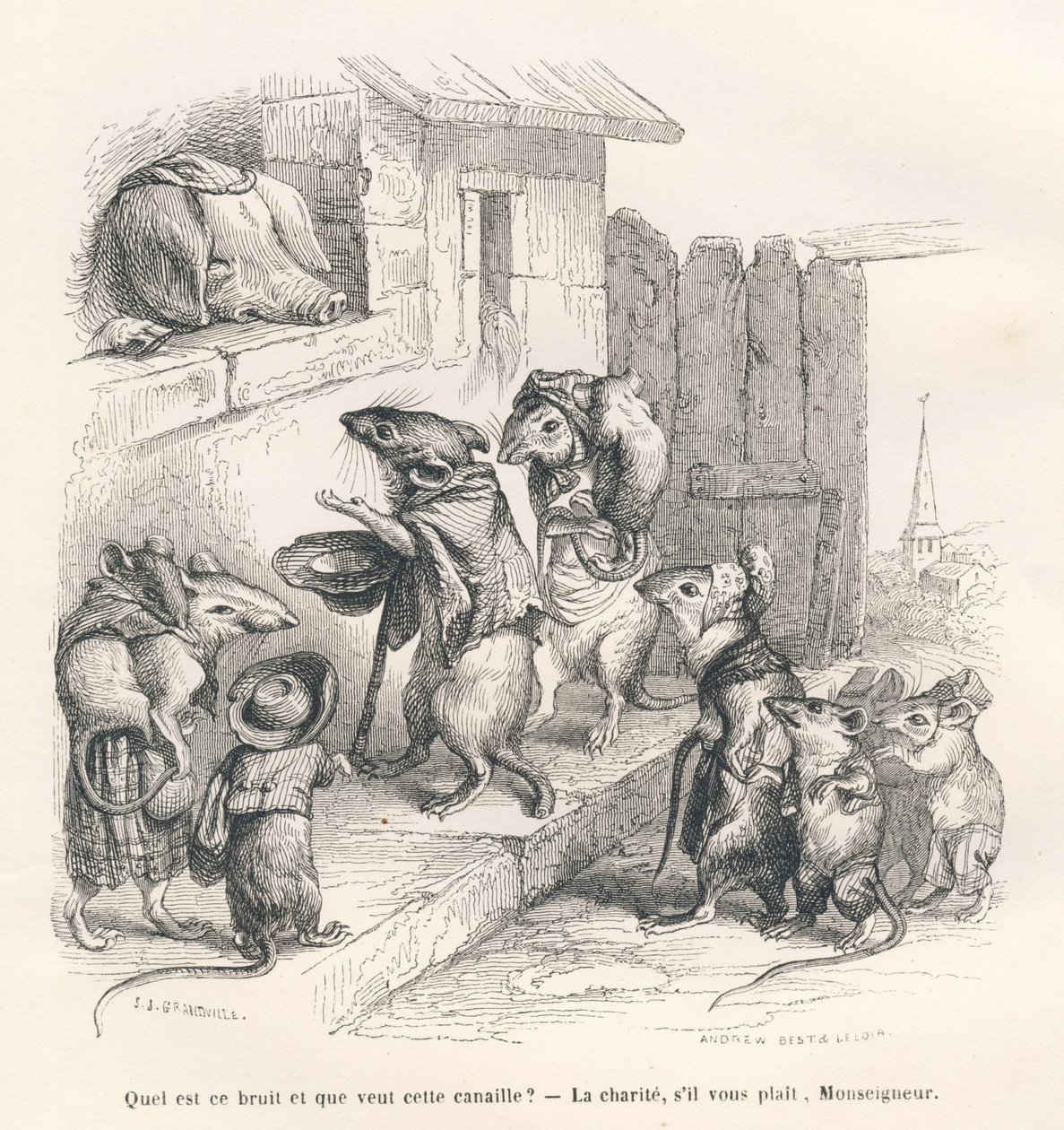 Mouse Giving Charity to a Pig. Illustrated vignettes by JJ Granville. Engraving signed Andrew, Best and Leloir in the section titled 