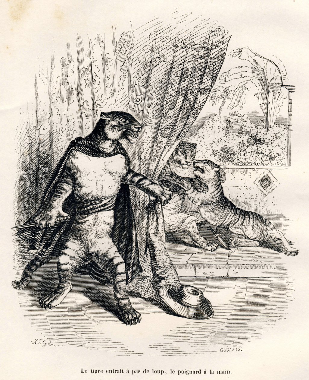 Tiger Entering the Scene with a Dagger in Hand. Illustrated Vignettes by JJ Granville. Engraving signed Godard in the section 