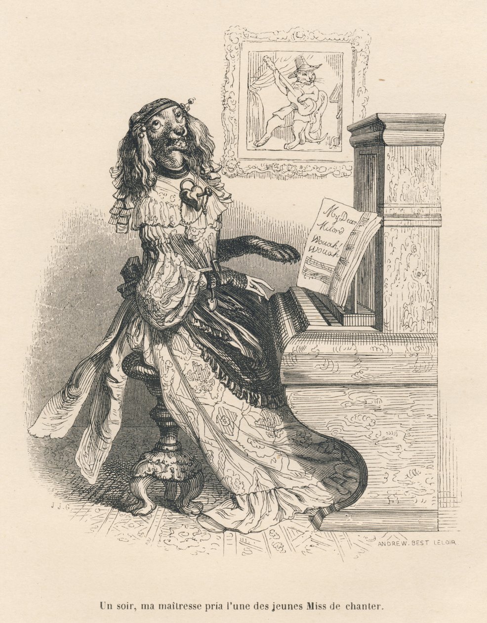 A dog singing at the piano. Illustrated vignettes by JJ Granville. Engraving signed Andrew, Best and Leloir in the section titled "The Court Pains of an English Cat" written by Honore de Balzac in "Scenes from the Private and Public Life of Animals". Paris by Grandville