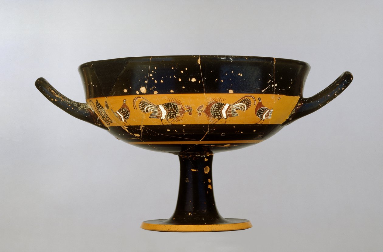 Attic black-figure band cup decorated with a cock fight, by the Tleson Painter, from Vulci, c.550-525 BC by Greek