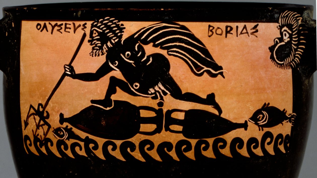 Boeotian Black-Figure Skyphos, Decorated with a Scene of Odysseus Being Blown Across the Sea by Boreas, from the Workshop of the Mystae Painter, Thebes, Boeotia, Late 5th Century BC (detail) by Greek