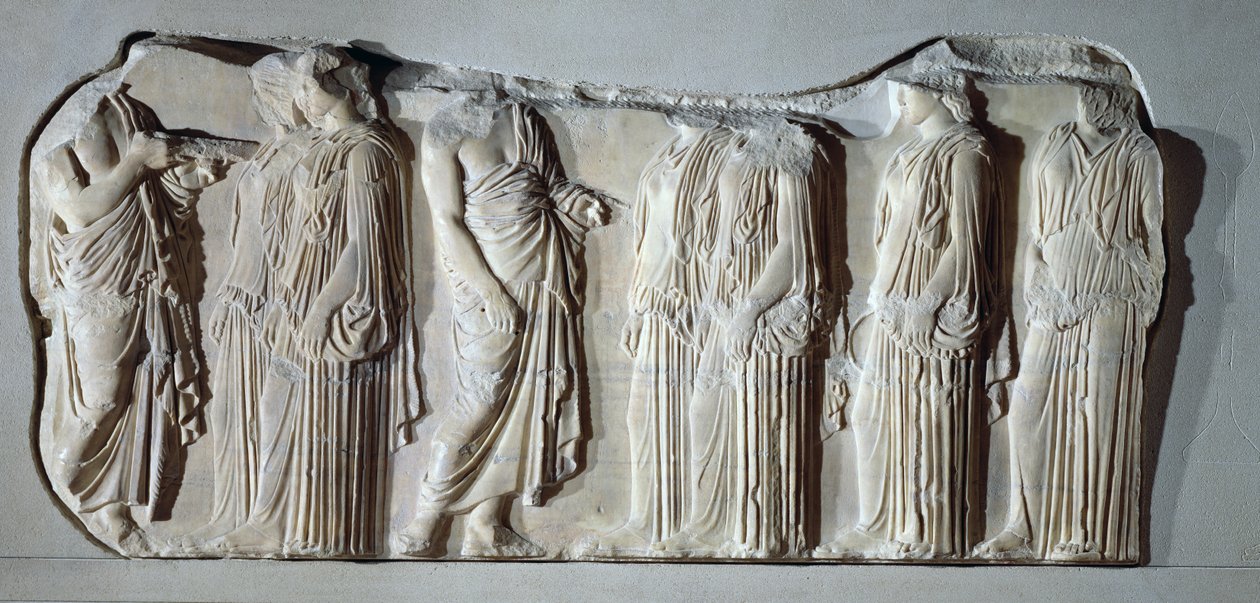 Organisers and ergastines (peplos-bearers), section of the Great Panathenaic procession from the east frieze of the Parthenon by Greek