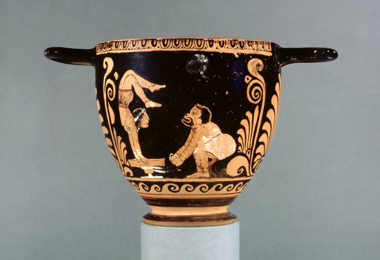 Paestan red-figure skyphos, decorated with a phlyax actor and a female acrobat, Greek, Asteas Group, c.350-325 BC by Greek