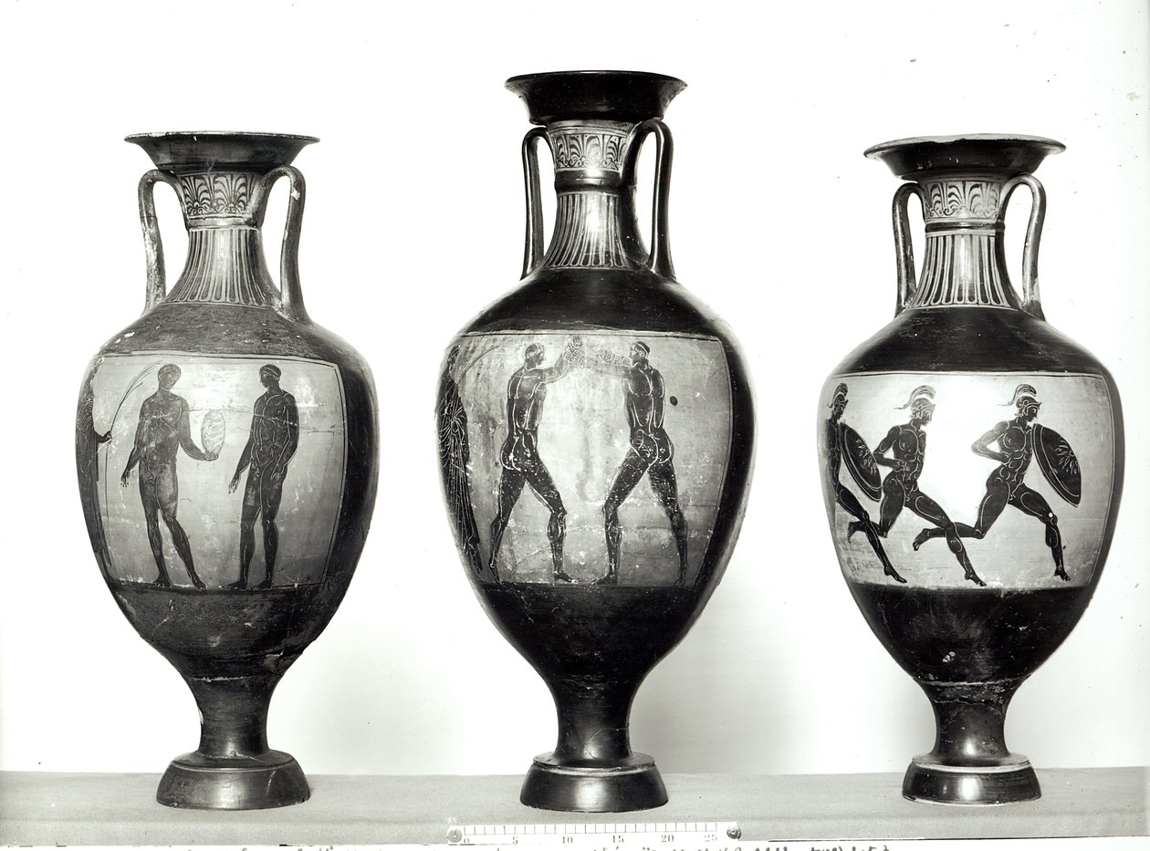 Three Panathenaic amphorae depicting an athlete receiving a trophy, Boxers and Athletes, 580-520 BC by Greek
