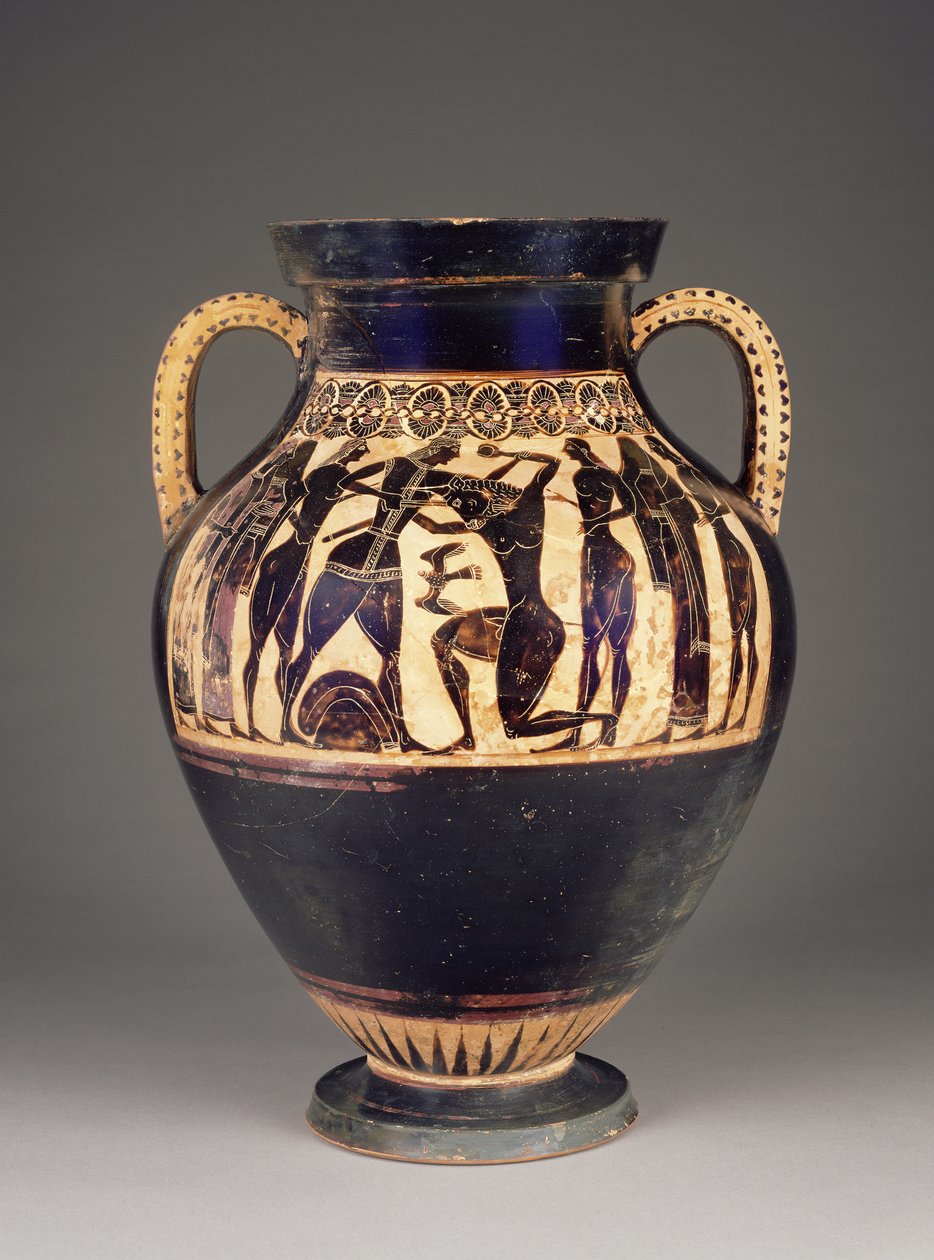 Athenian Attic black-figure amphora attributed to Lydos with Theseus killing the Minotaur by Greek