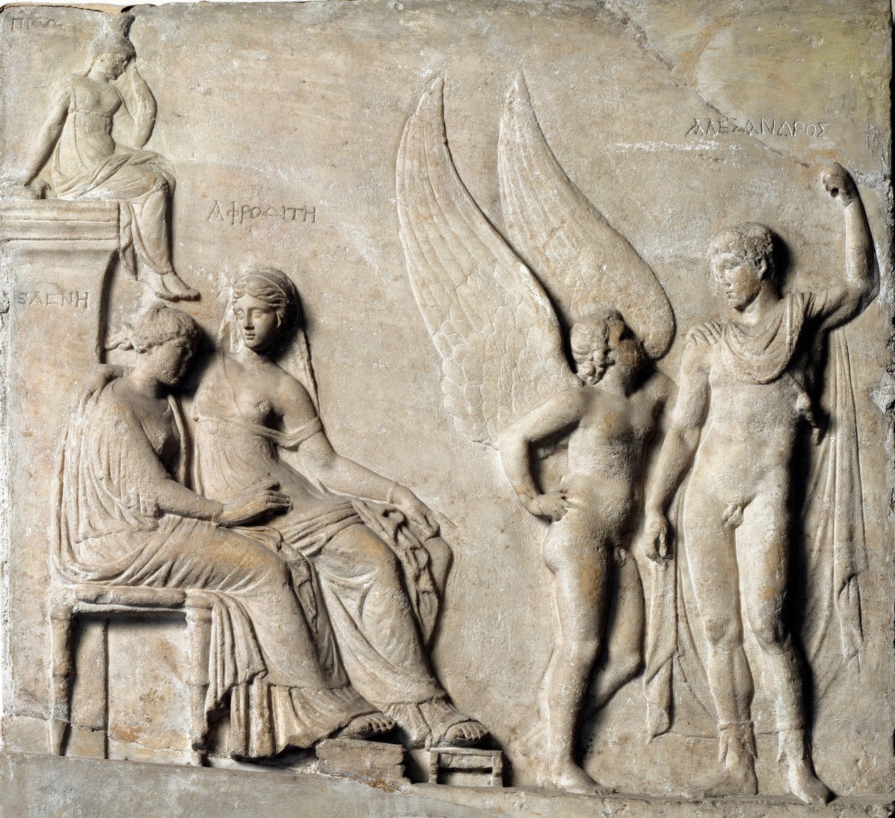 Paris, prince of Sparta and Helen of Troy, with Aphrodite - Marble relief by Greek