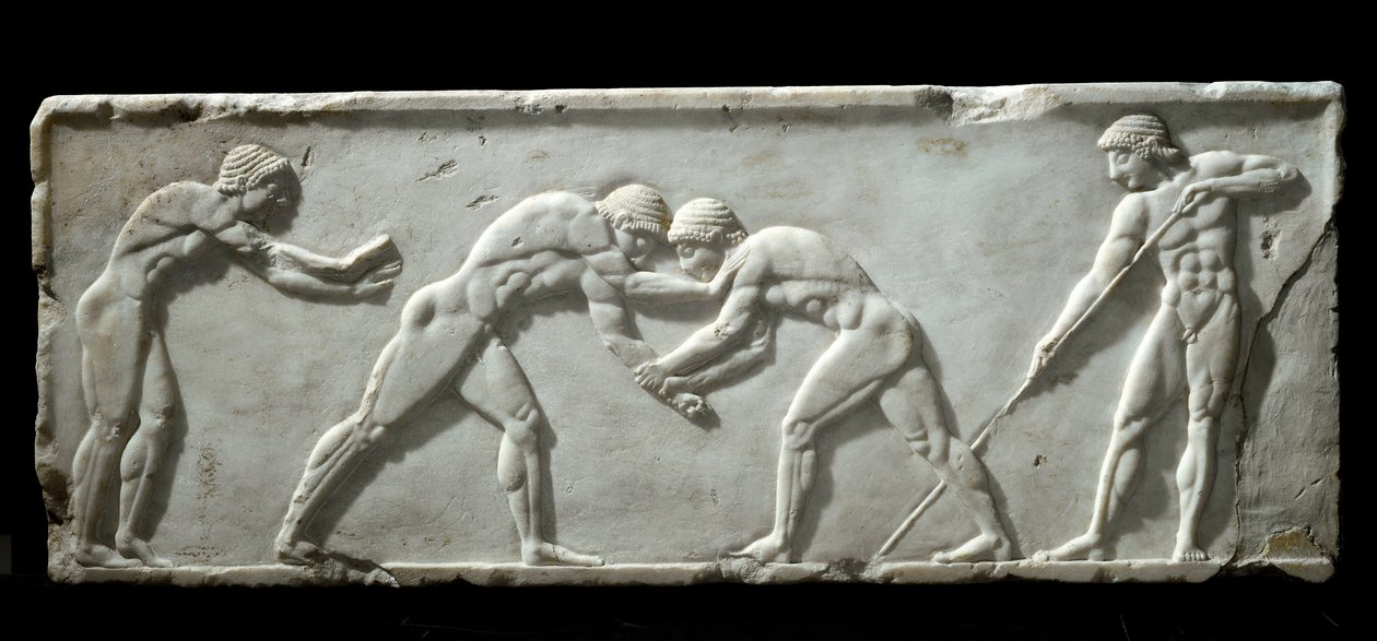 Greek Art: Base of Kouros Representing Wrestlers During a Fight by Greek