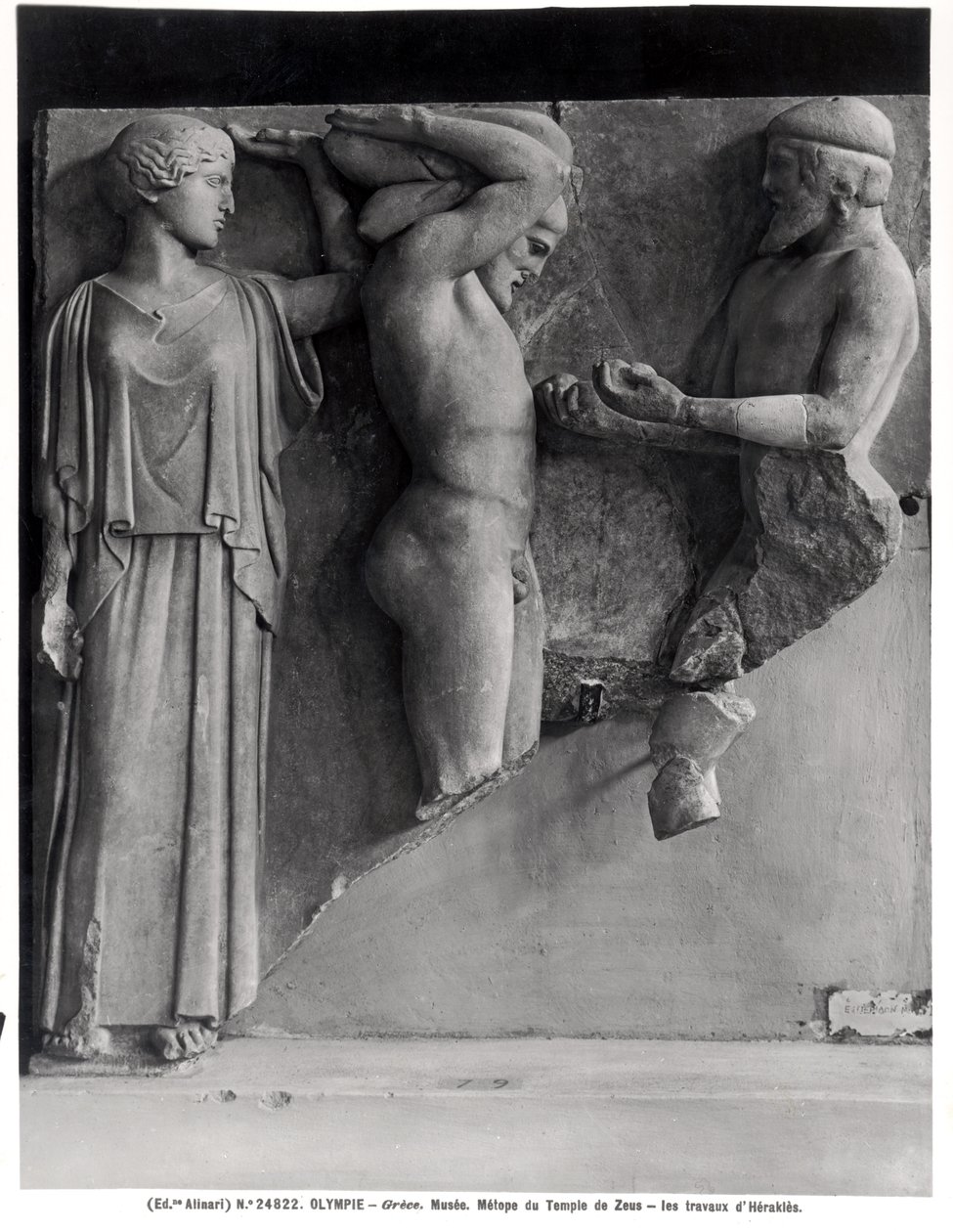 Metope X from the Temple of Zeus Depicting Hercules Receiving the Golden Apples of the Hesperides from the Hand of Atlas, While Minerva Rests a Cushion on His Head by Greek