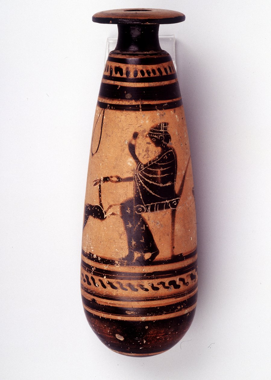 Painting on vase: alabaster used to contain the perfume: one face depicts a woman playing with a doe and holding a flower. Her basket to hold the wool is behind her. 500 BC. BNF, Medal Office by Greek