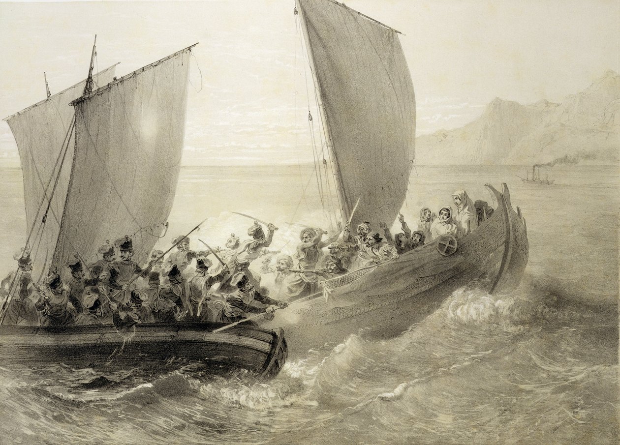 Azov Cossacks Boarding a Turkish Corsair Full of Cherkessk Women on the Coast of the Black Sea (engraved by Adolphe Bayot and Leon Sabatier) by Grigori Grigorevich Gagarin