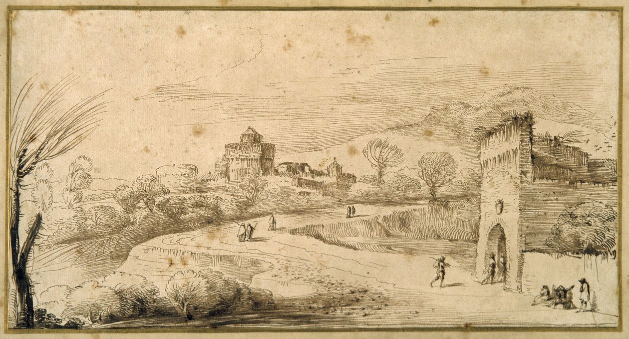 Landscape with a crenellated gatehouse and a winding road by Guercino