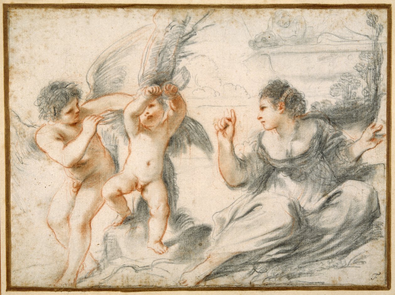 Venus scolding Cupid, while an older cupid binds him to a tree by Guercino