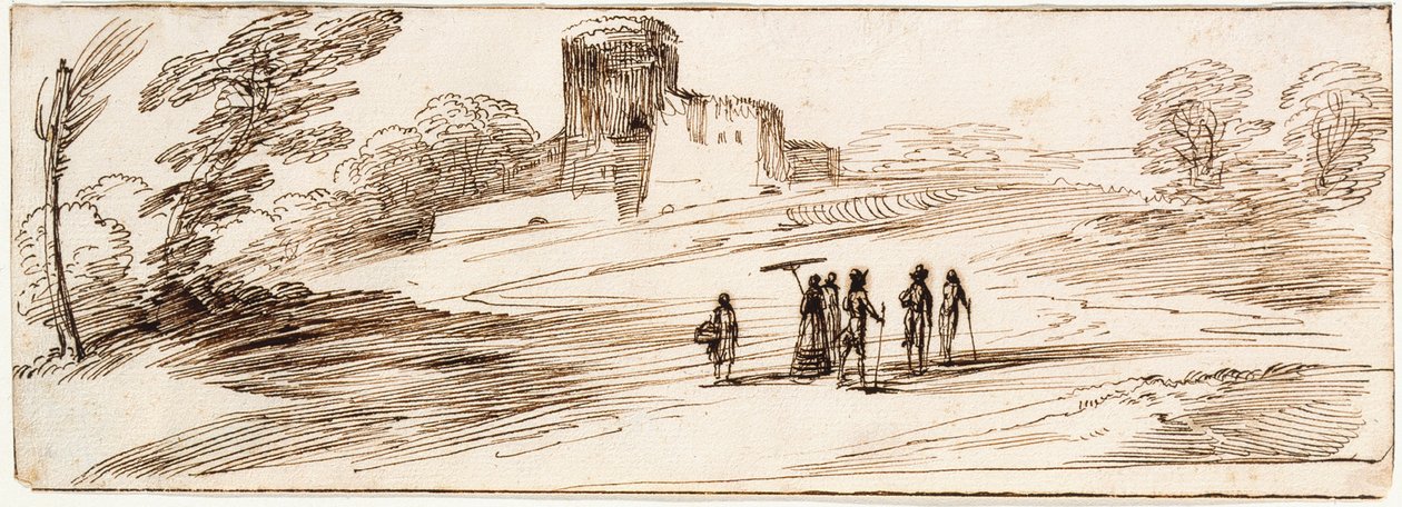 Landscape with Castle and Figures by Guercino
