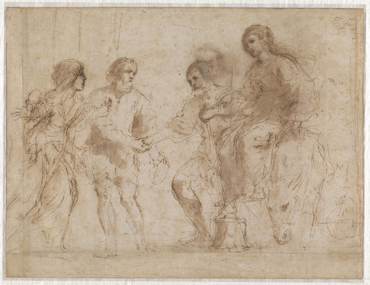 Meeting of Mary and Joseph in front of the House of Elizabeth and Zechariah (recto) Mary and Elizabeth at the Foot of a Staircase (verso) by Guercino