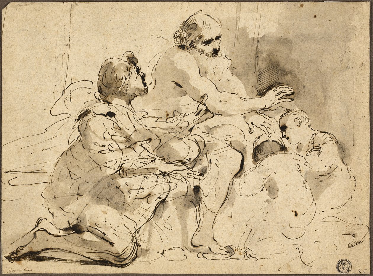 Study for Jacob Blessing the Sons of Joseph (recto); Sketches: Saint Christopher; Two Figures in Conversation over Money (verso) by Guercino